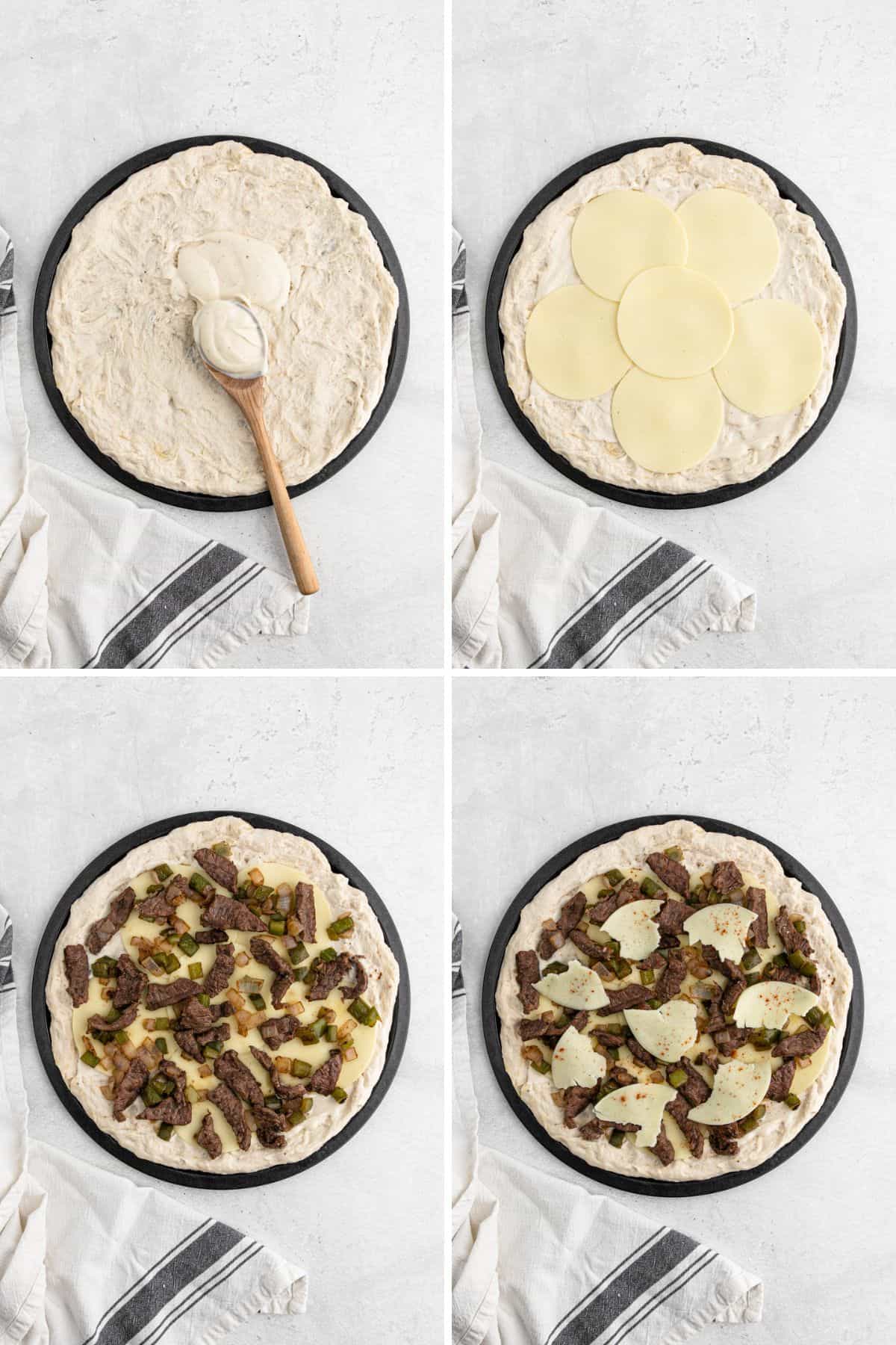 A collage showing the steps for assembling the pizza.