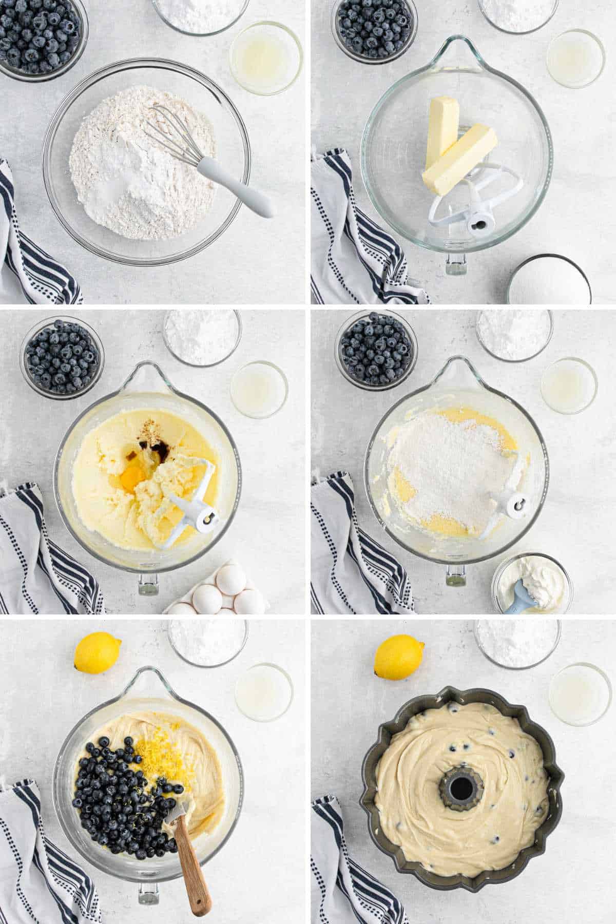 A collage of images showing each step of mixing up a lemon blueberry pound cake.