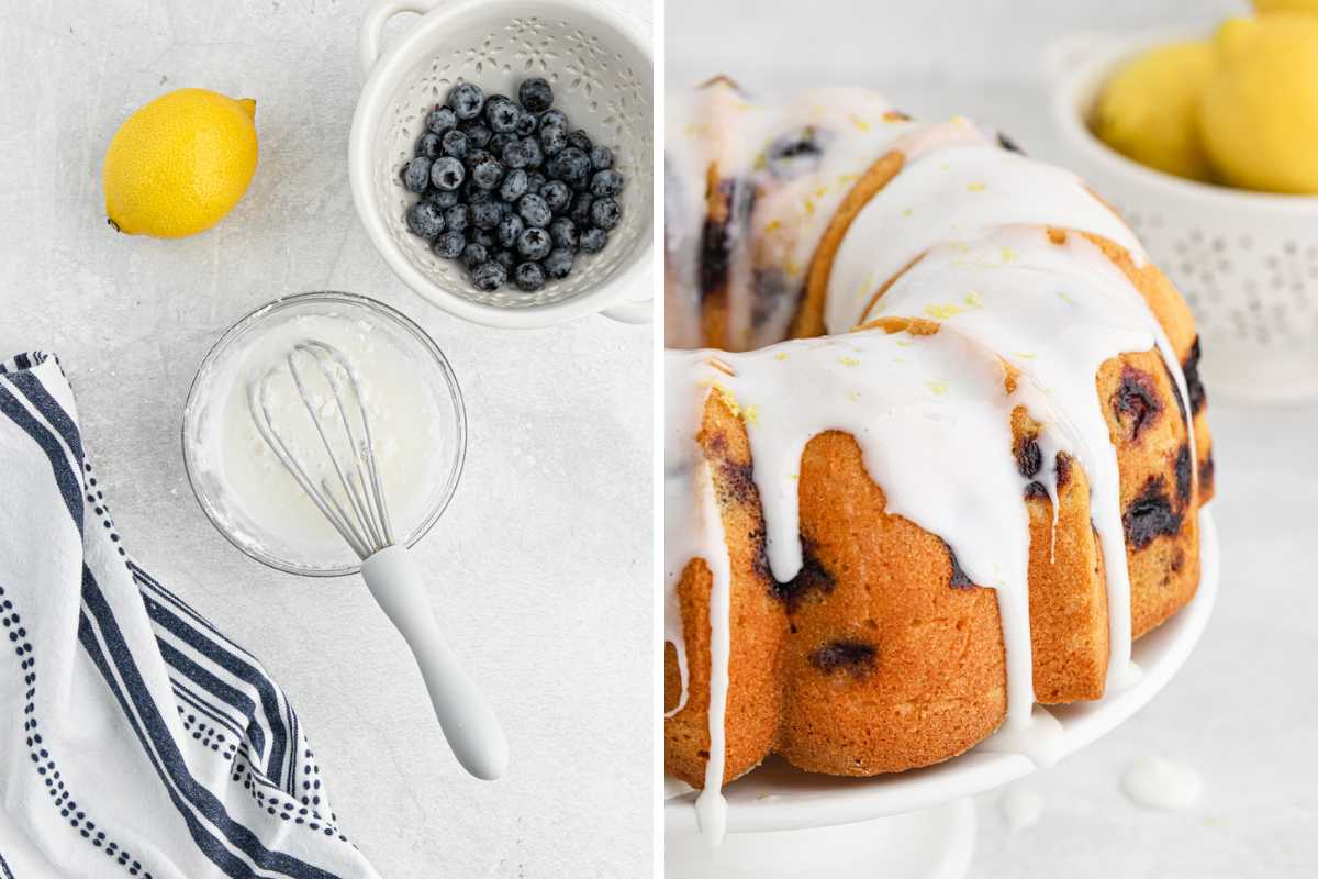 A collage mixing the vanilla glaze and pouring it over the baked cake.