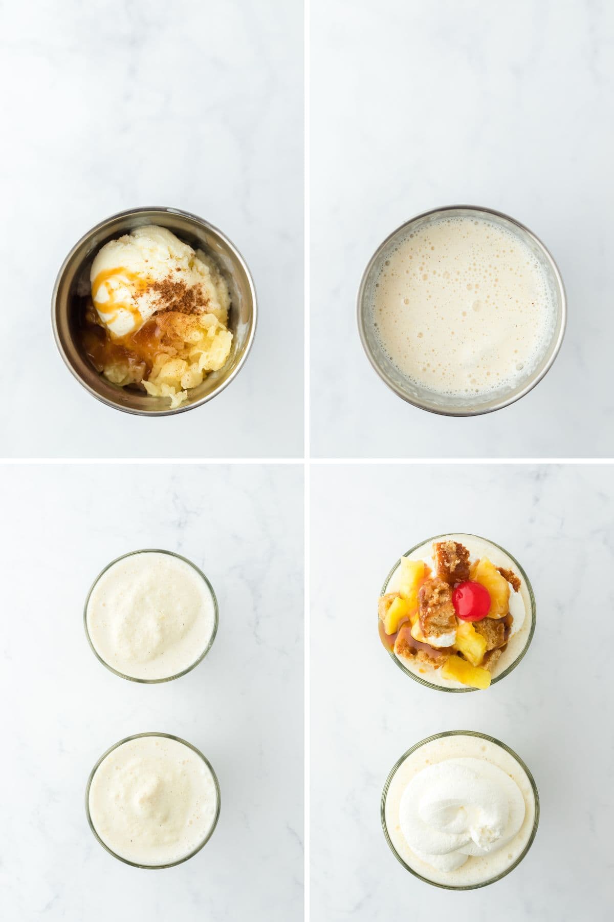A collage of images showing the steps for making a pineapple shake.