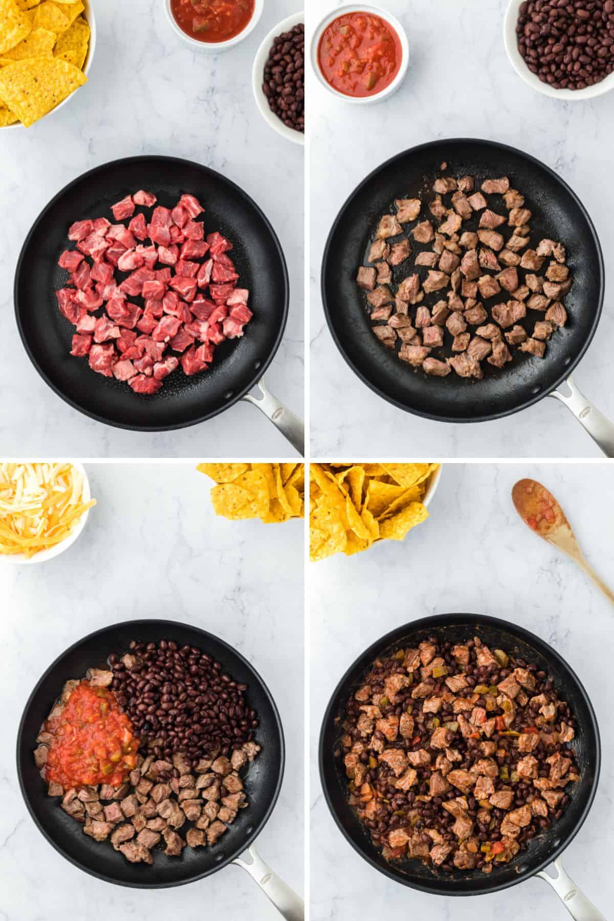 A collage of images from raw steak in a pan to adding the seasonings and beans. 