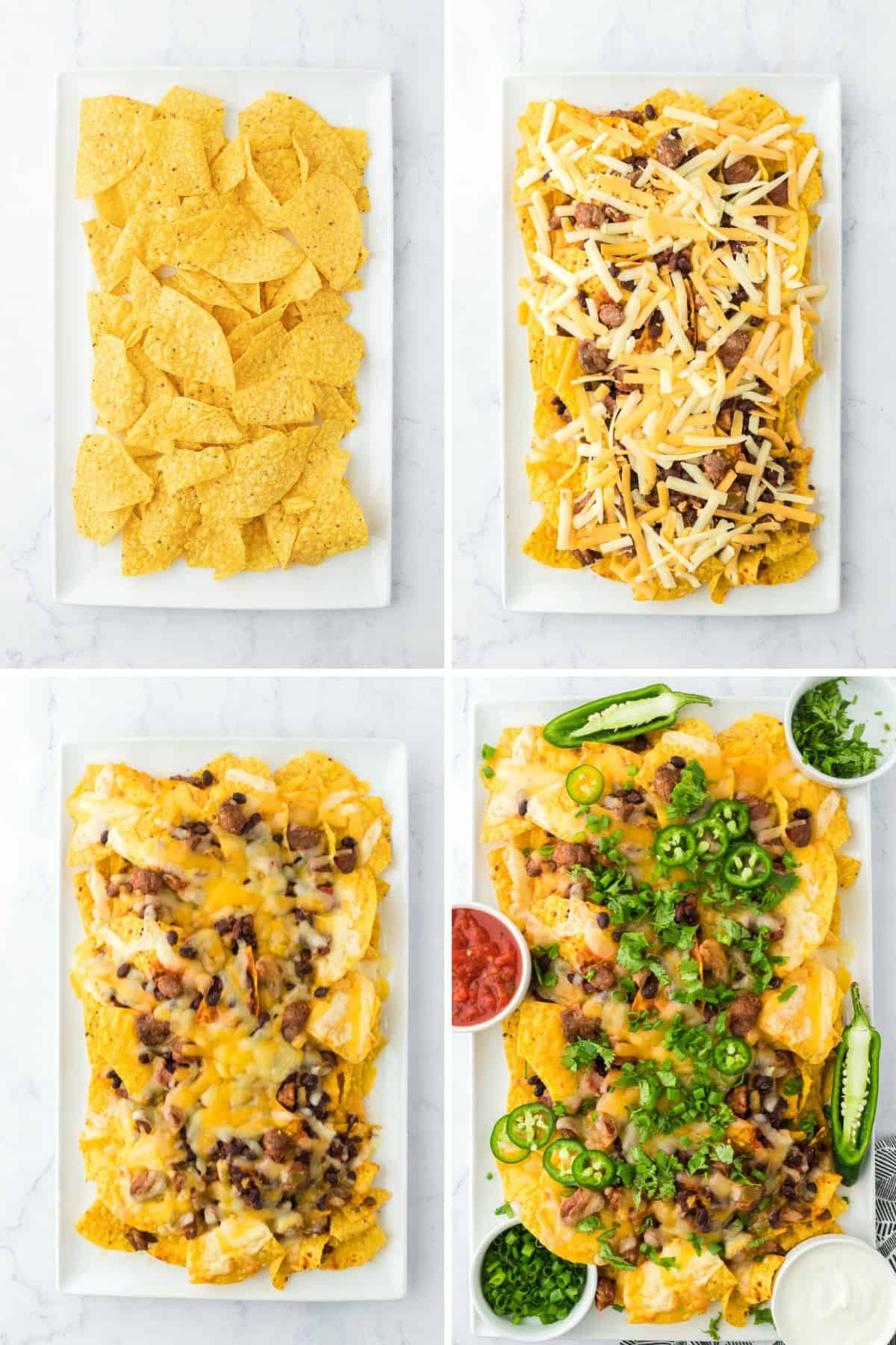 A collage showing the assembly of the steak nachos on  platter.