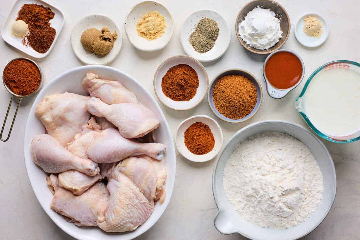 Ingredients to make Nashville fried chicken on the table before preparing.
