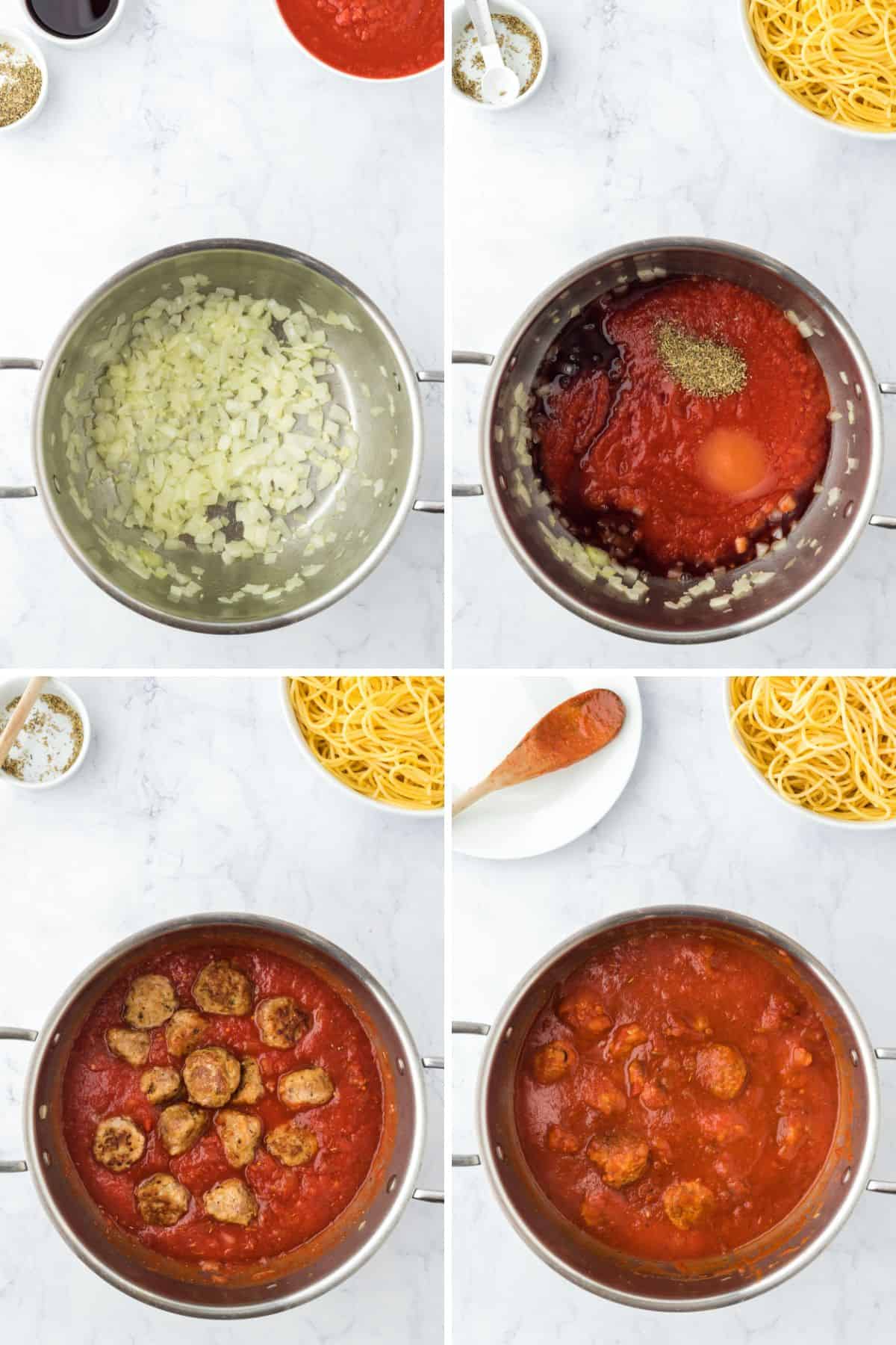 A collage of images showing the steps for making the spaghetti sauce for meatballs.