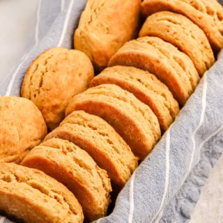 Sweet potato biscuits lined up in a basket.