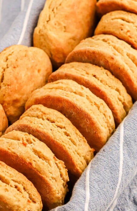Sweet potato biscuits lined up in a basket.