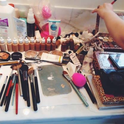 A display of make up and make up brushes for the Better Homes & Gardens photo shoot