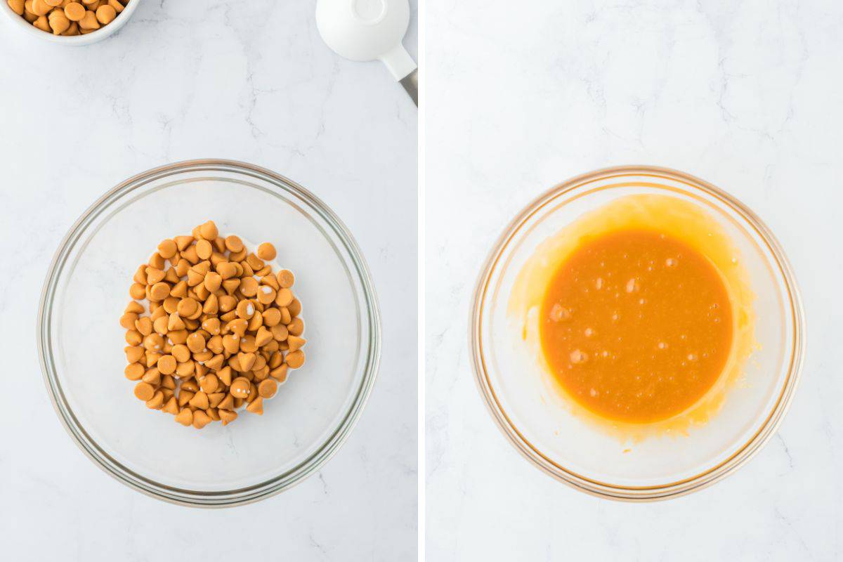Butterscotch chips in a bowl before melting and after they're melted.