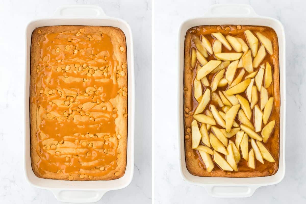 Caramel drizzled over the top of the bars and then the apples added.