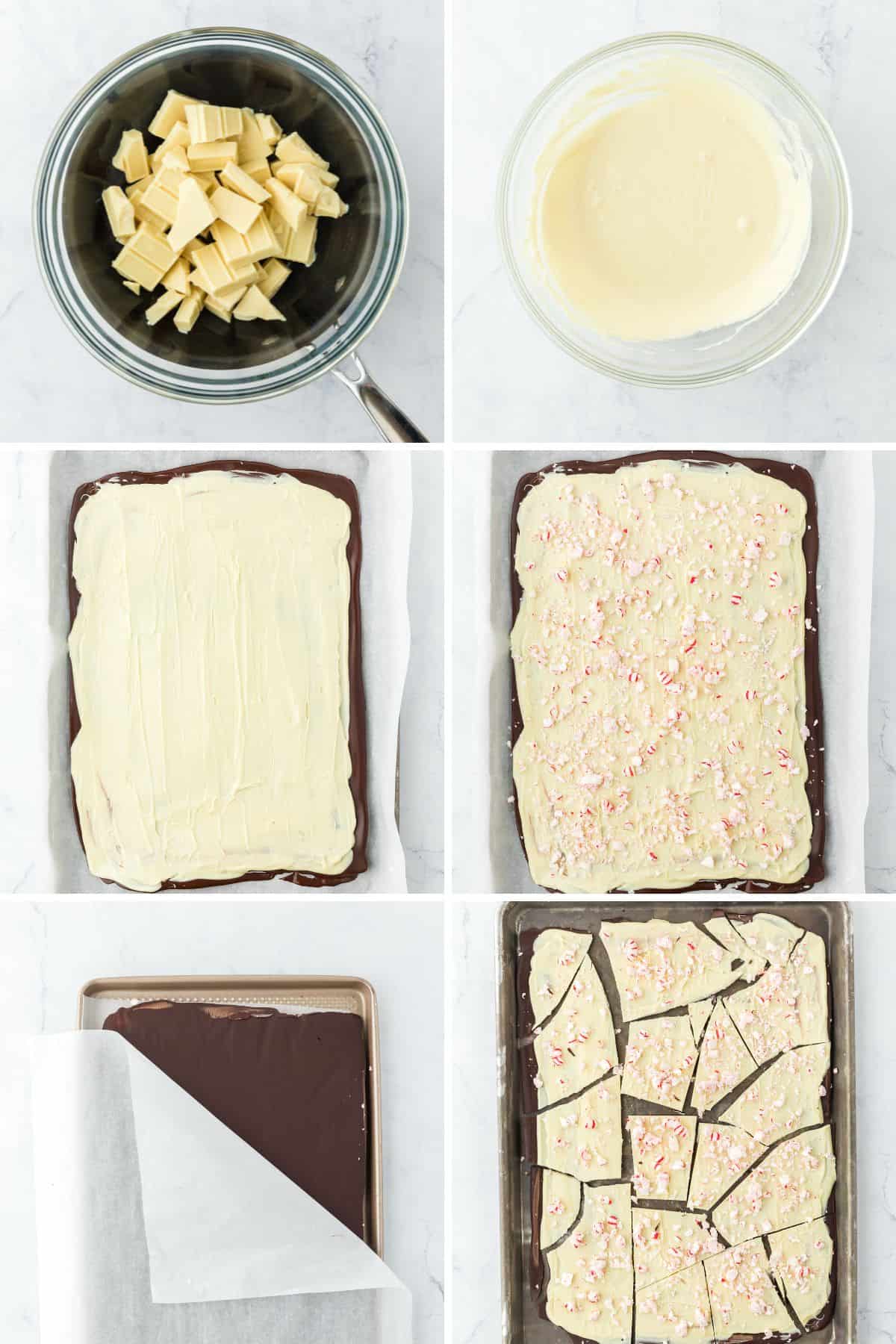 A collage of melting the white chocolate, adding it to the dark chocolate and breaking it into pieces.