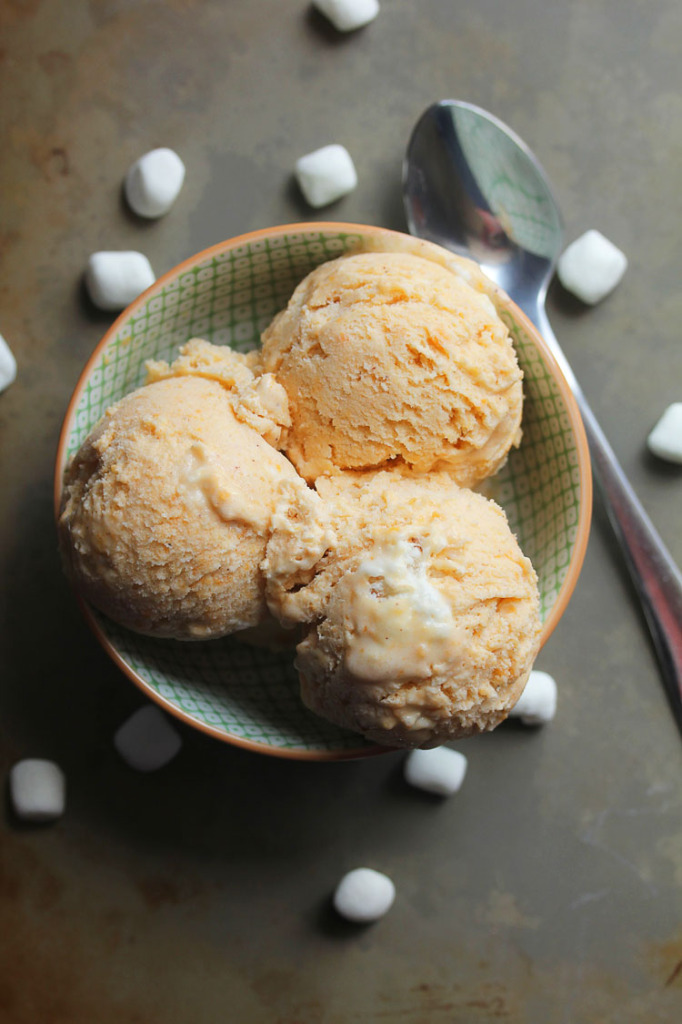 An overhead photo of Sweet Potato Ice Cream recipe in bowls with marshmallows around it