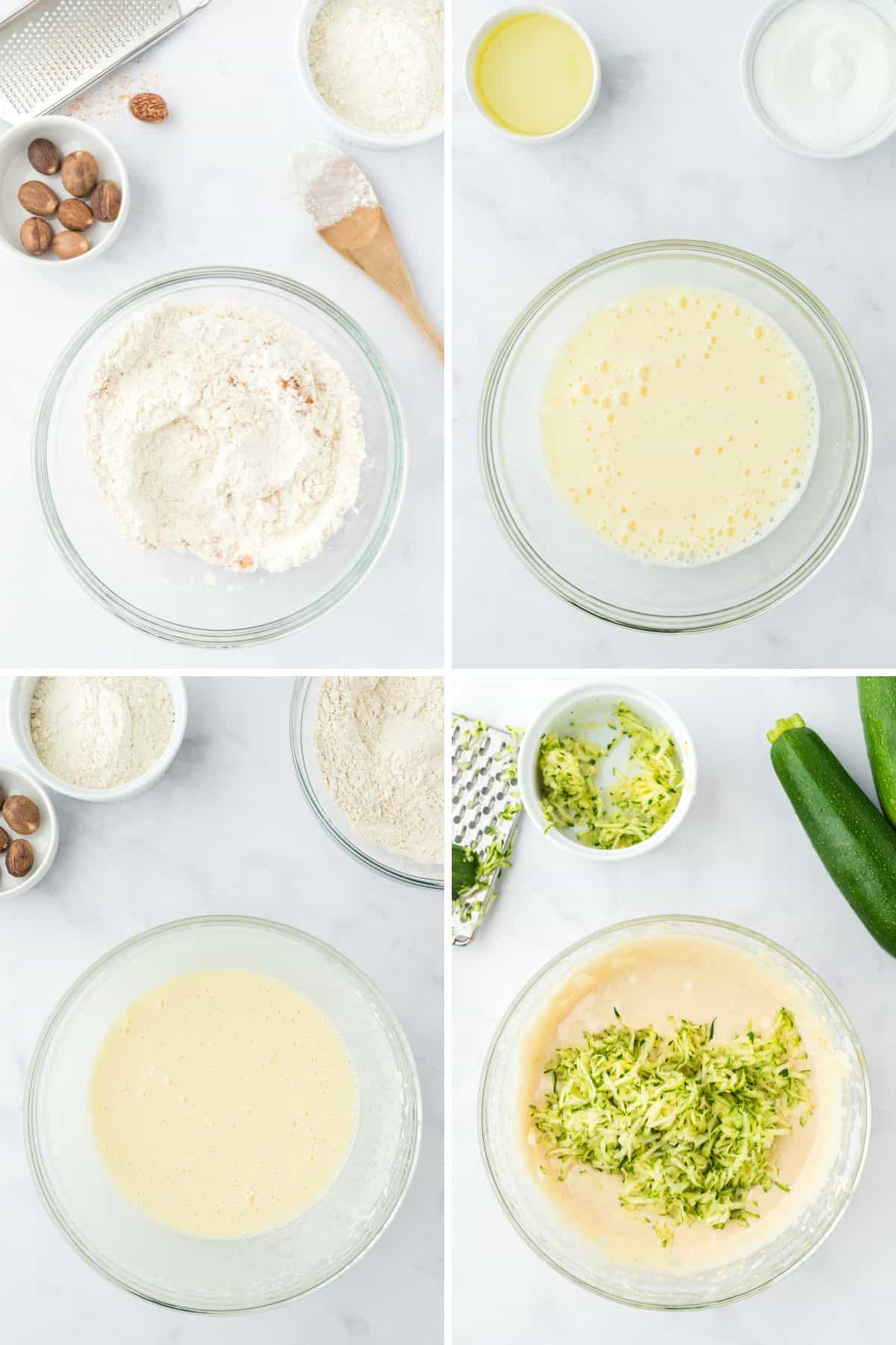 A collage of the main steps for mixing the zucchini bread cake batter.