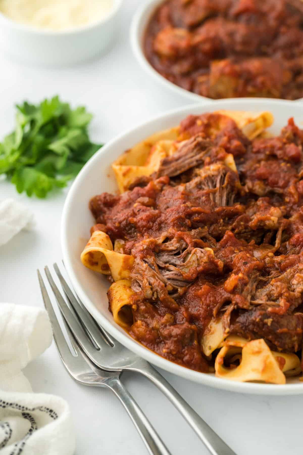 Two plates of short rib ragu ready to enjoy on white background