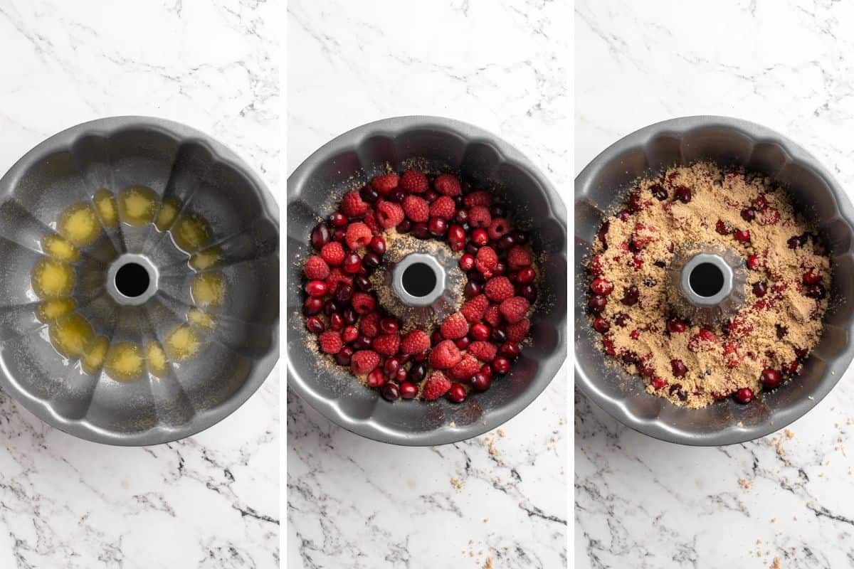 A collage of images showing adding butter, berries, and brown sugar to the bundt pan.