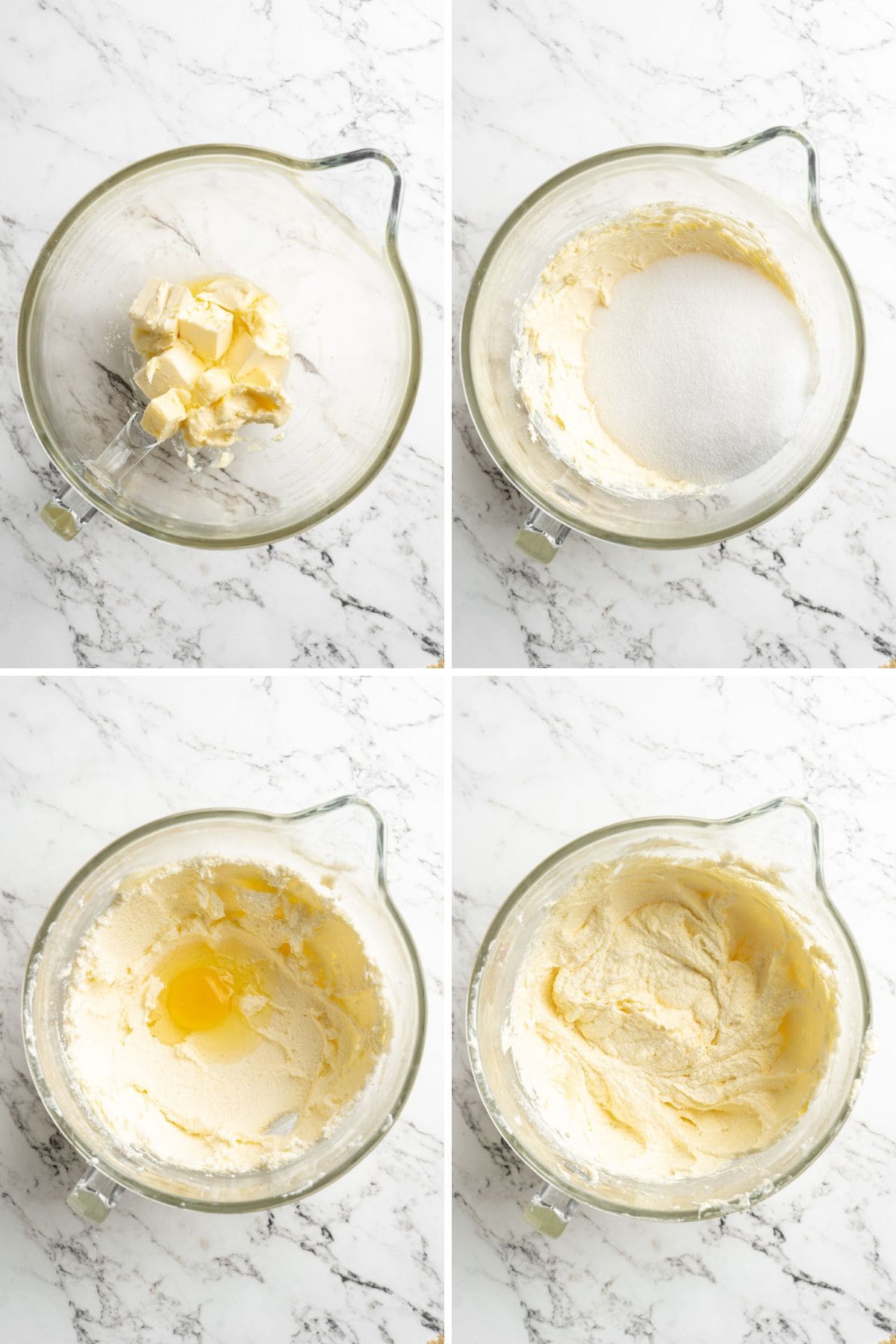 A collage of images showing creaming the butter and then adding the sugar, egg, and after it's all mixed.