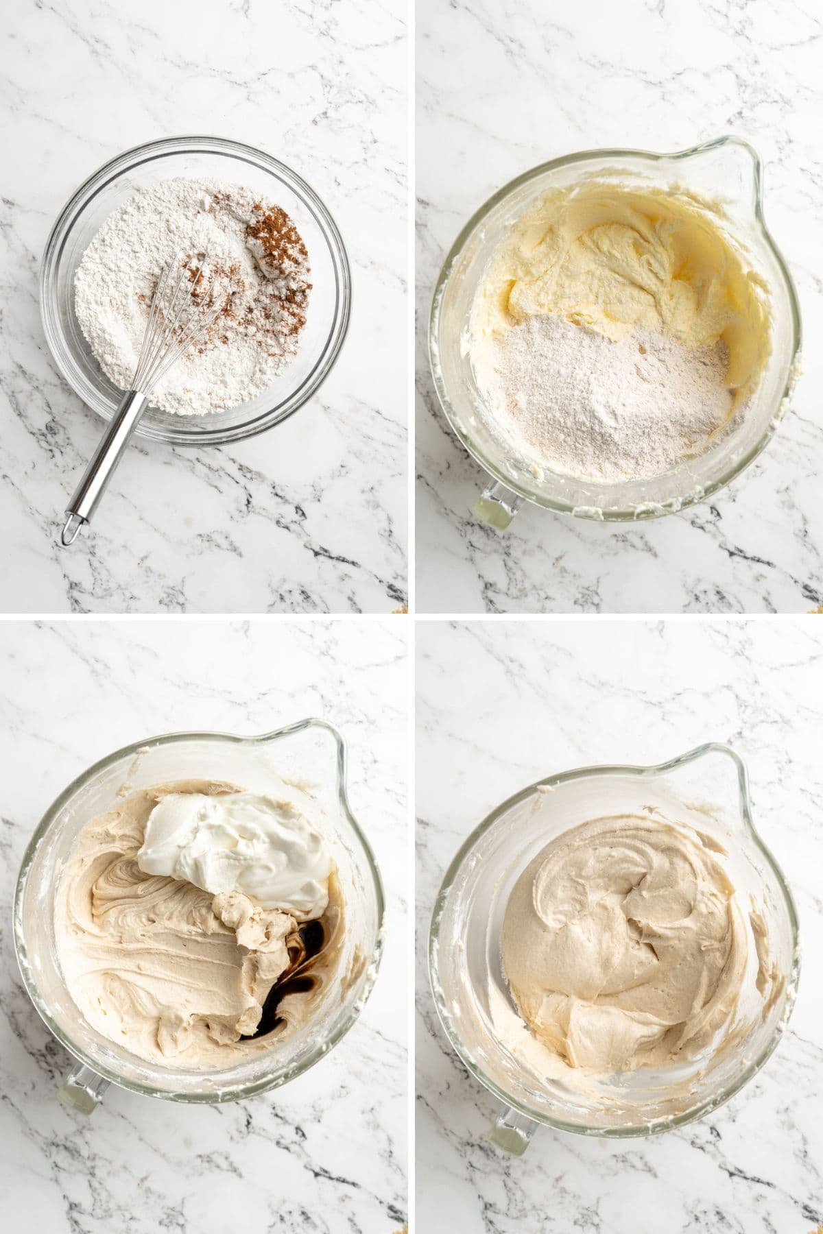 A collage of images from mixing the dry ingredients, adding them to the butter and sugar, adding the sour cream, and then when mixed together.