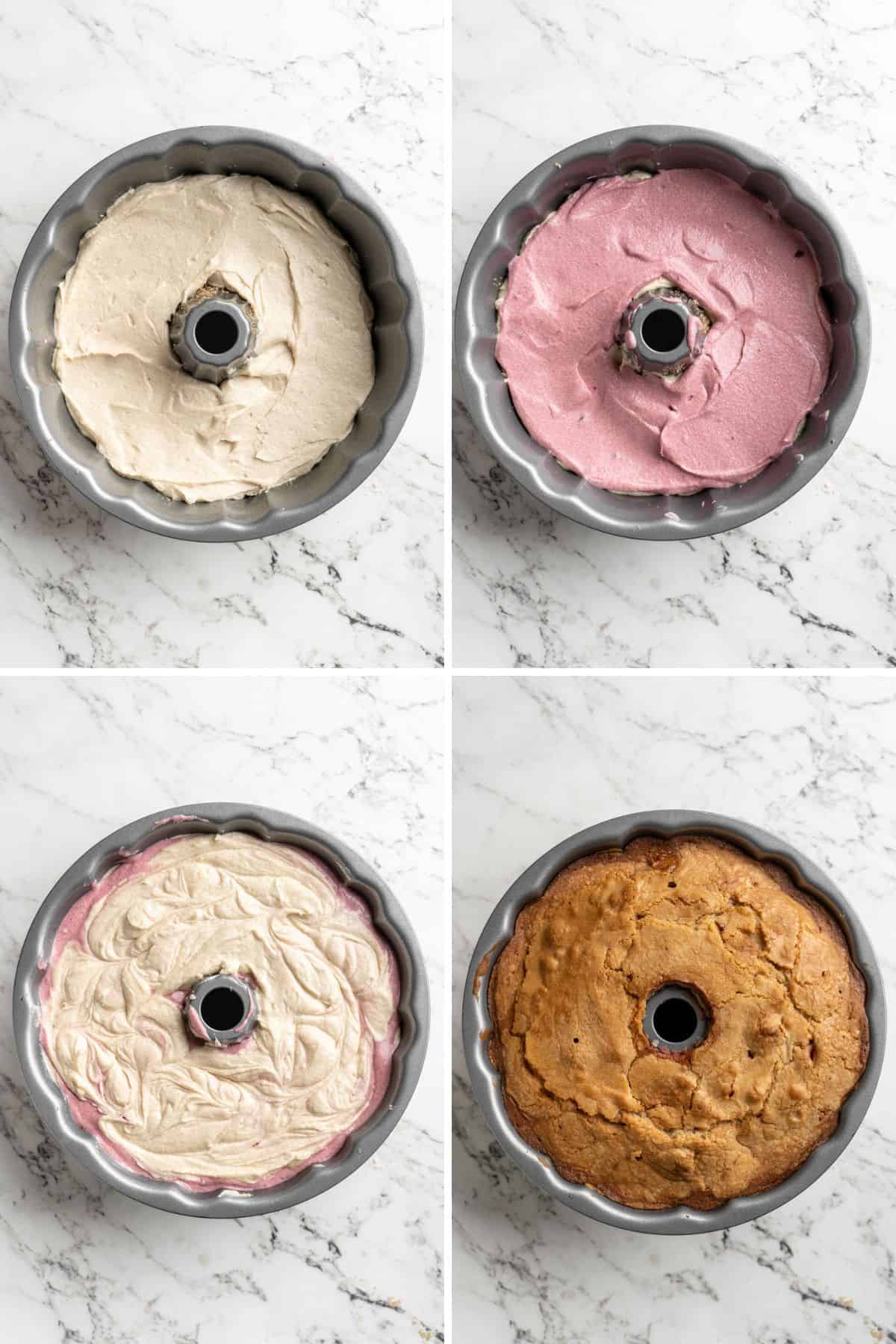 A collage of images showing how to add the two different types of batter to create a swirled cake.