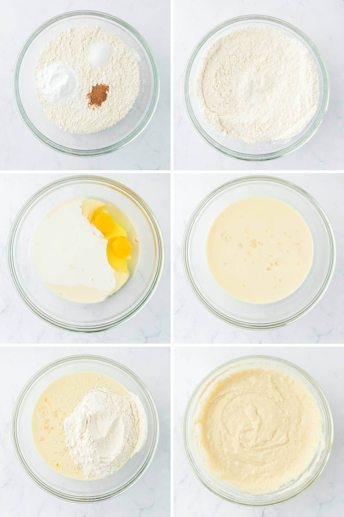A collage of images showing the different stages of mixing the eggnog pancake batter.