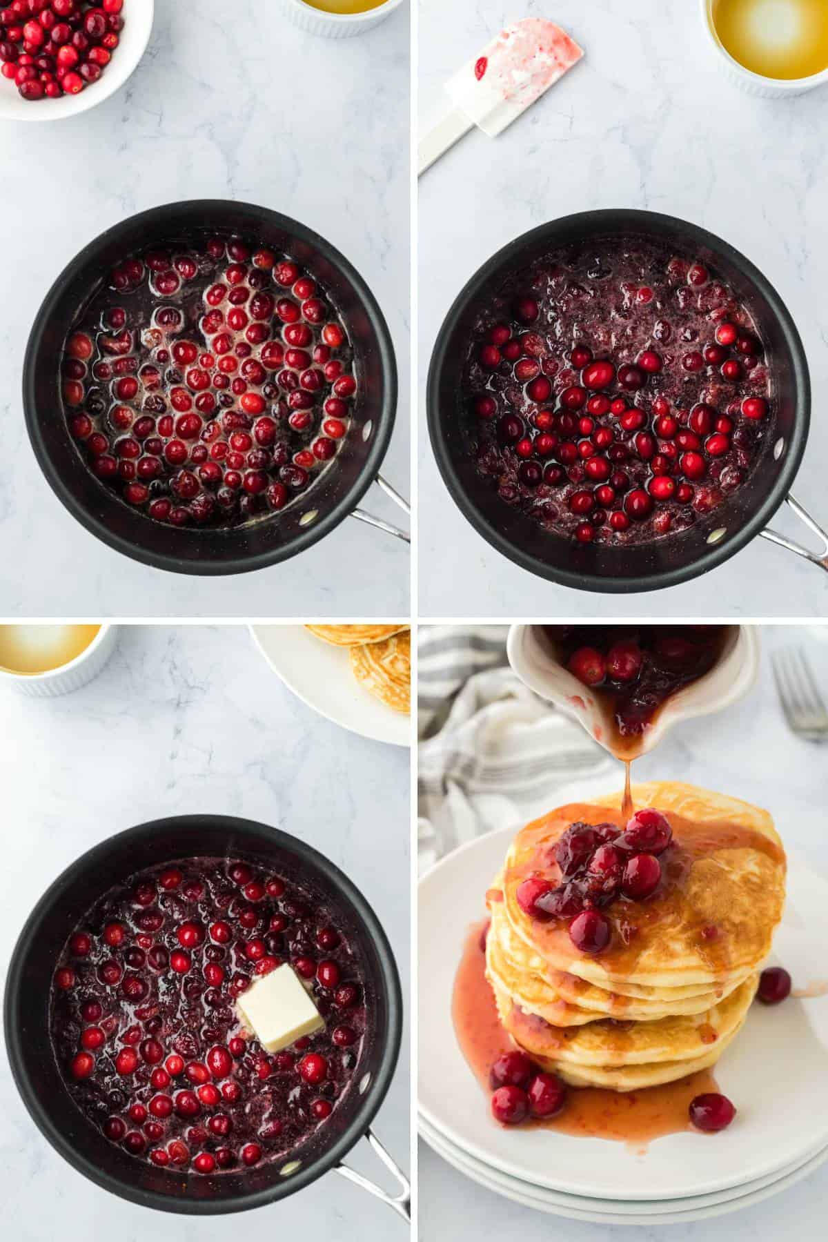 A collage showing the steps for making the cranberry syrup and then pouring it over a stack of pancakes.