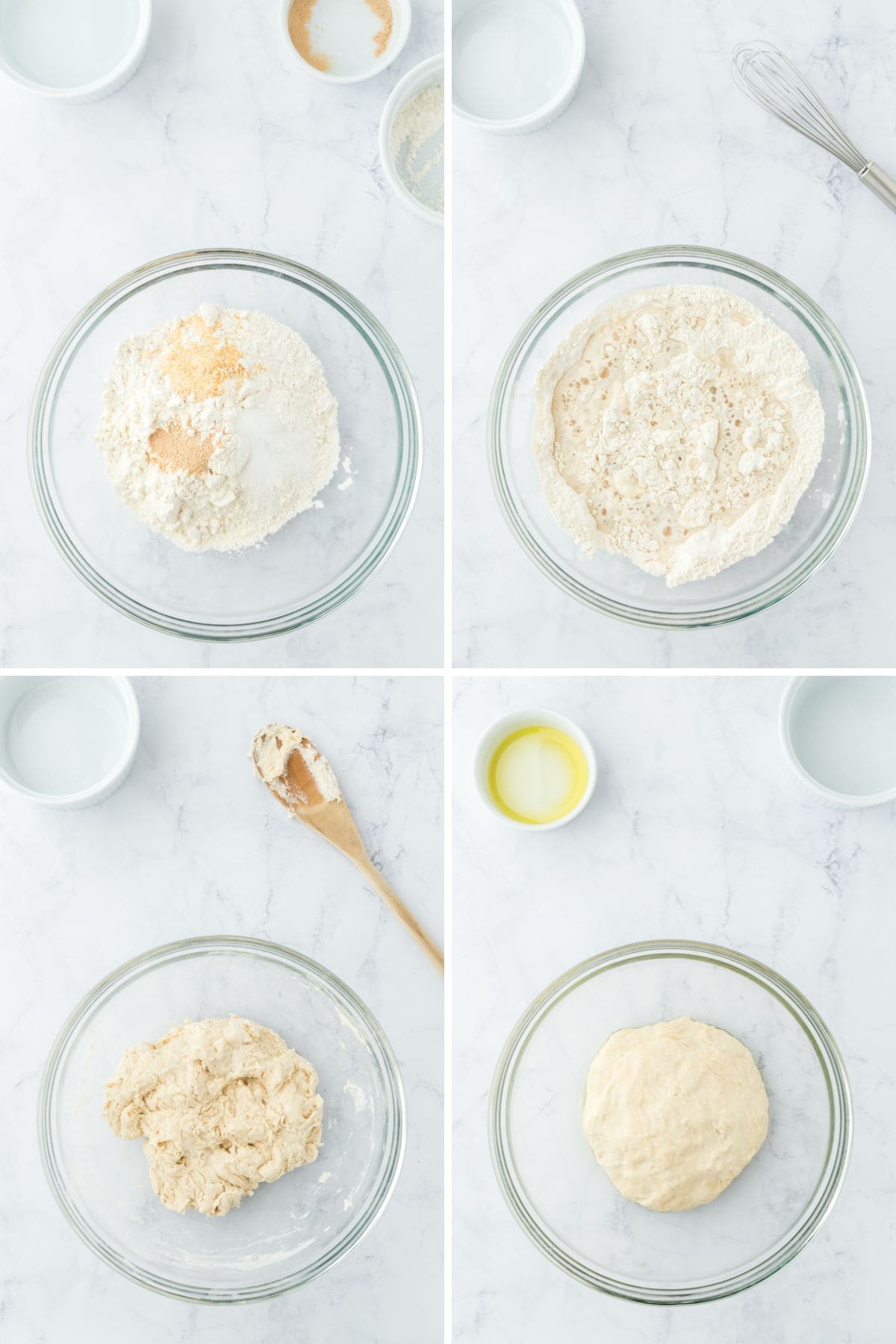 A collage of images showing the mixing of the dough for the cheesy breadsticks.