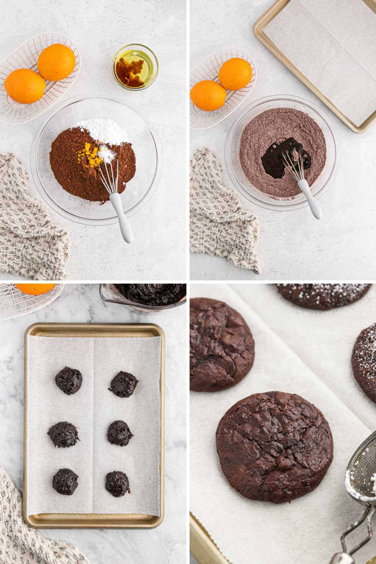 A collage of images showing how to make chocolate orange cookies.