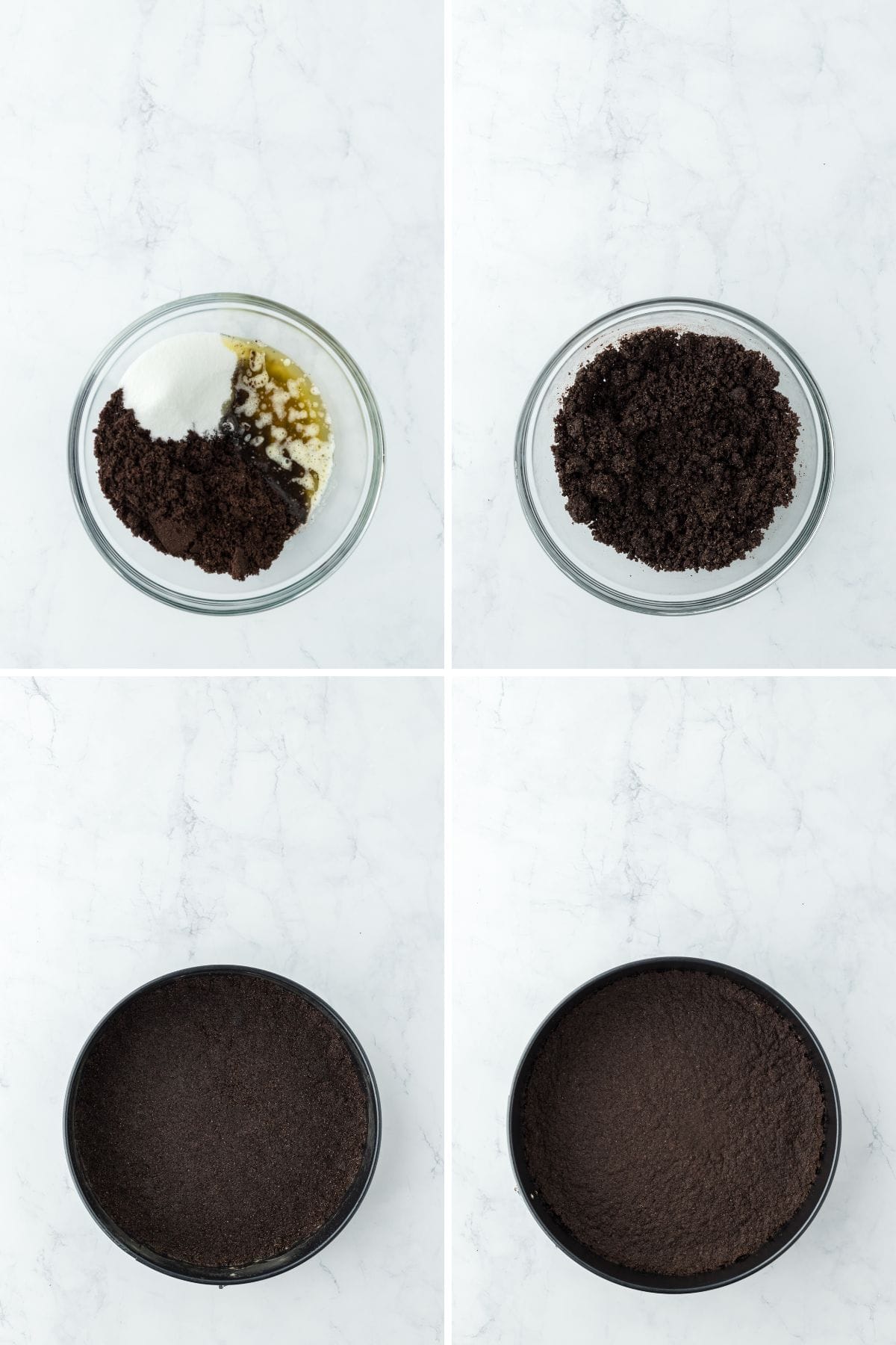A collage showing the steps for making the chocolate crumb crust.