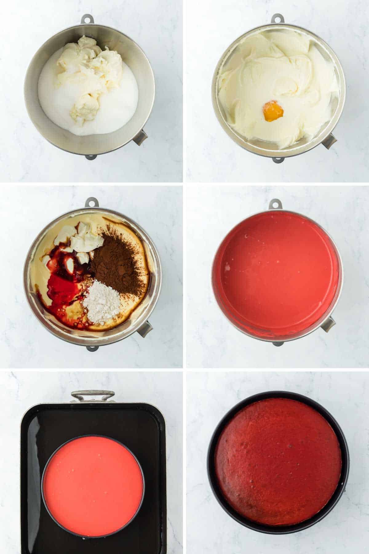 A collage showing the steps for mixing the red velvet chocolate cheesecake.