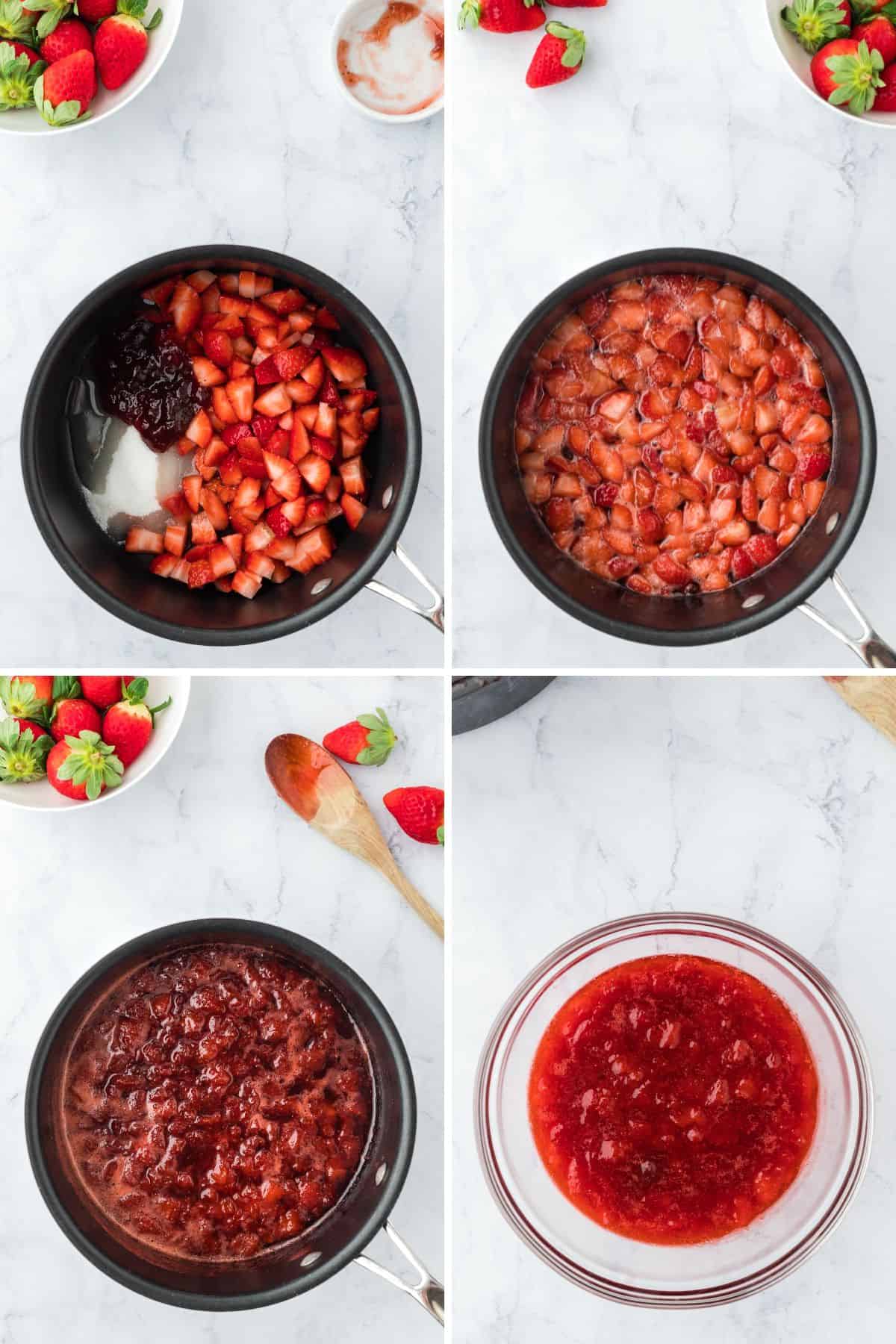 A collage showing the steps for cooking the fresh strawberries.