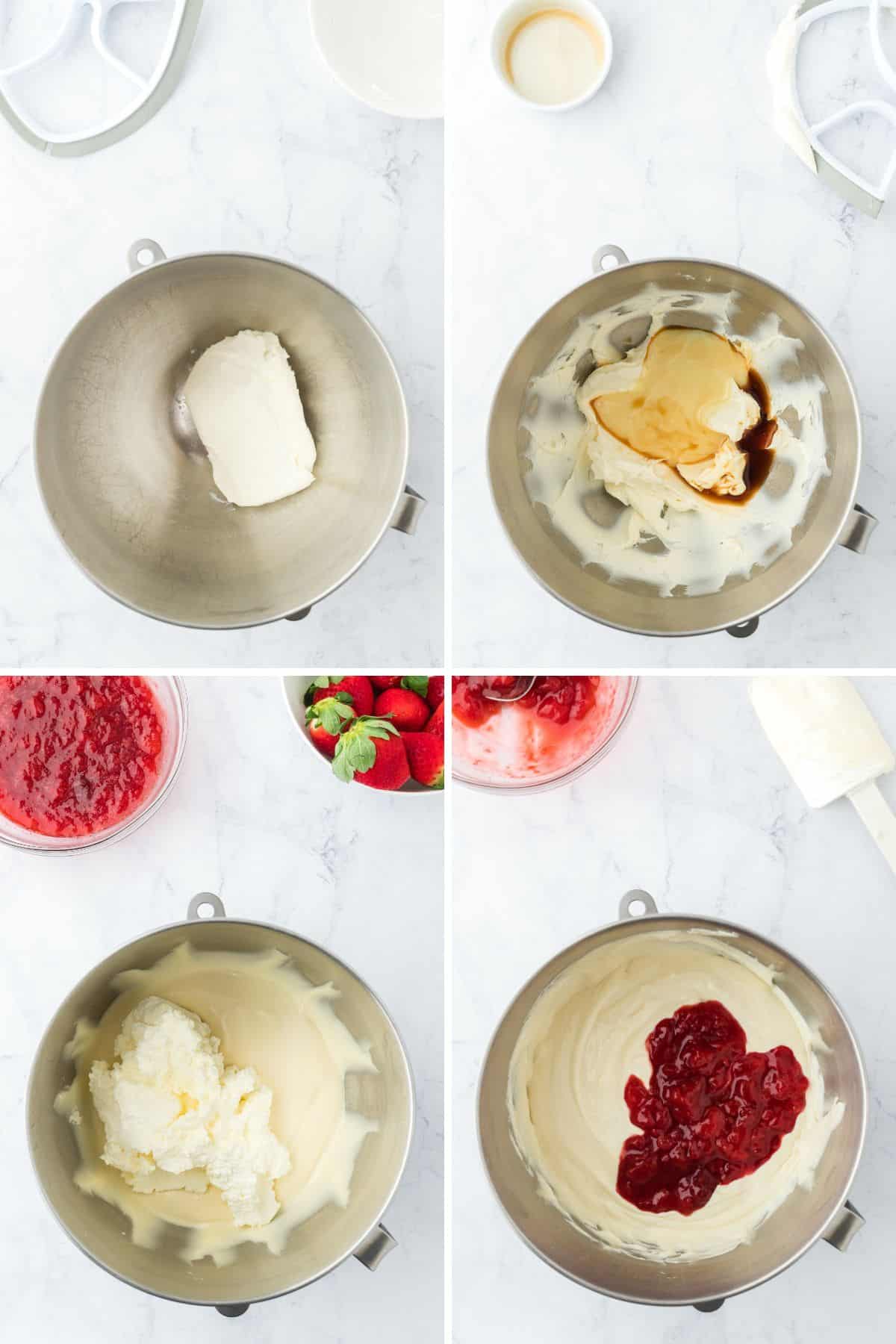 A collage of mixing the ingredients to make strawberry cheesecake ice cream.