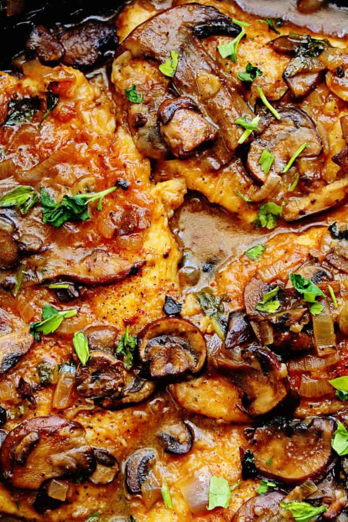 An overhead of a close up chicken marsala recipe ready to serve