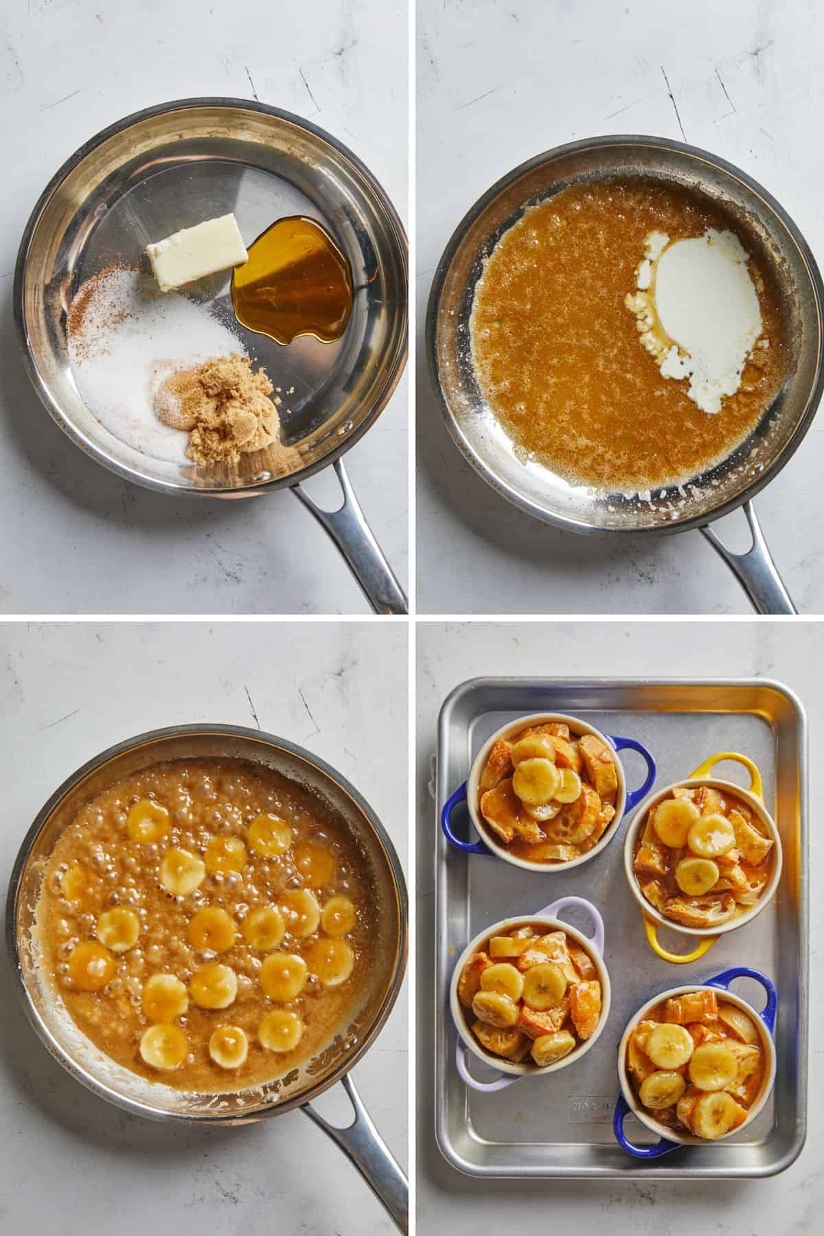 A collage of making the bananas foster with ingredients in a skillet, adding the cream, adding the bananas, and the on top of the bread pudding.