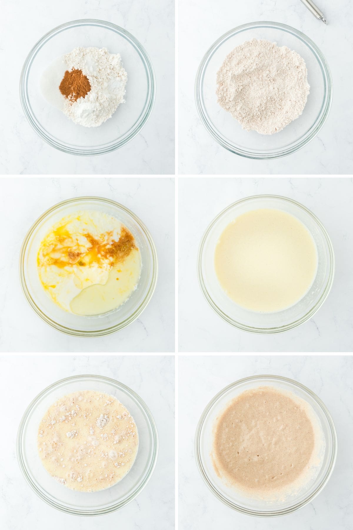 A collage of images showing the process of making the pancake batter.