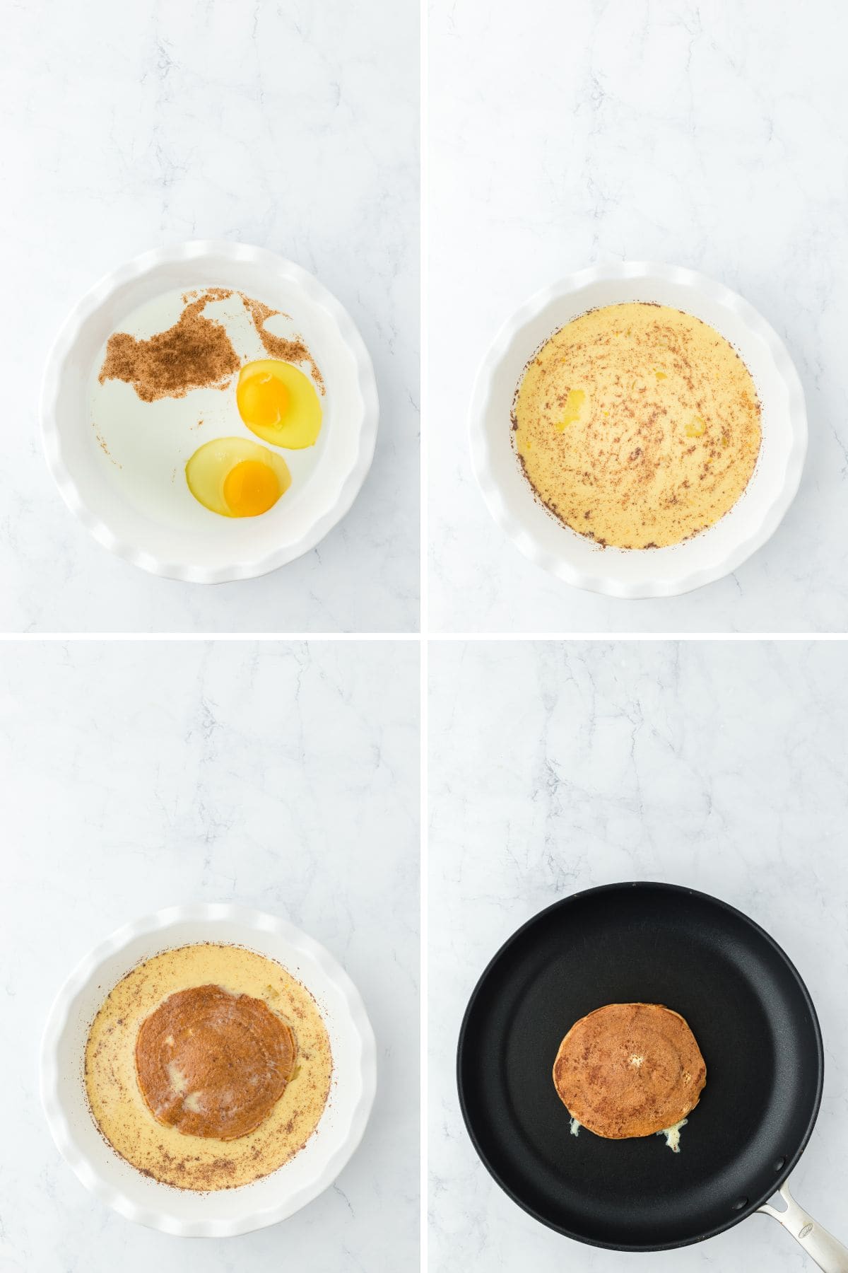A collage of mixing the french toast batter and dipping the pancake.