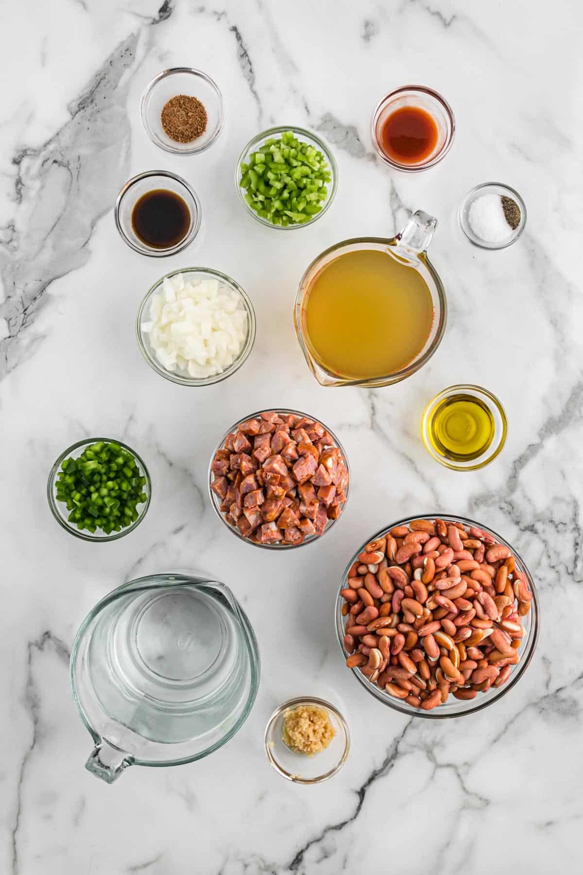 Ingredients to make southern red beans and rice on the table. 