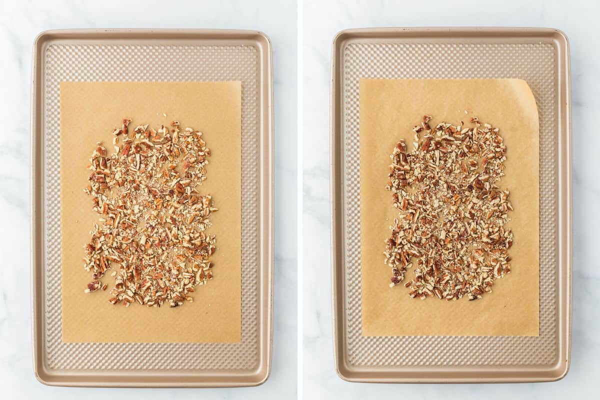 Pecans on a baking pan before and after toasting.