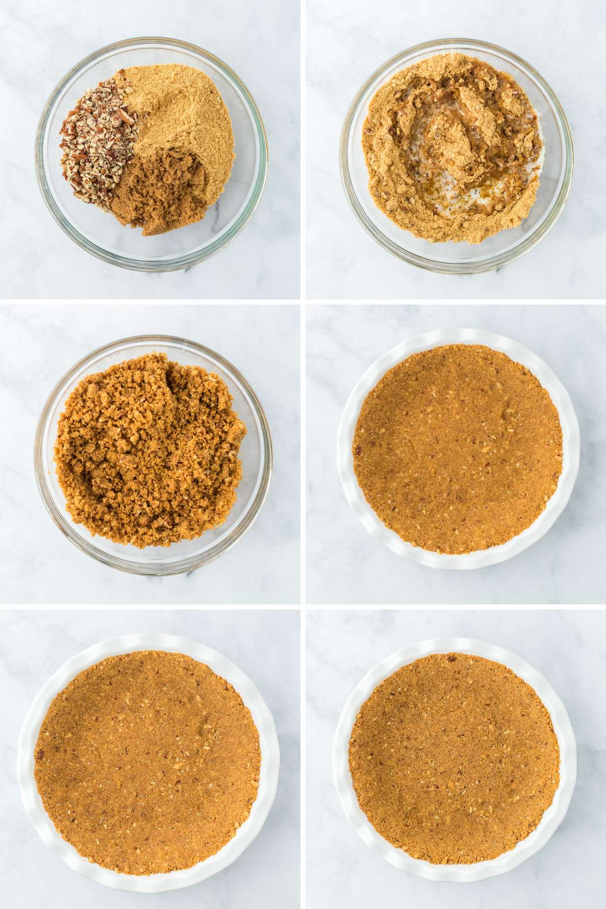A collage of images showing making the pecan crust for the pie.