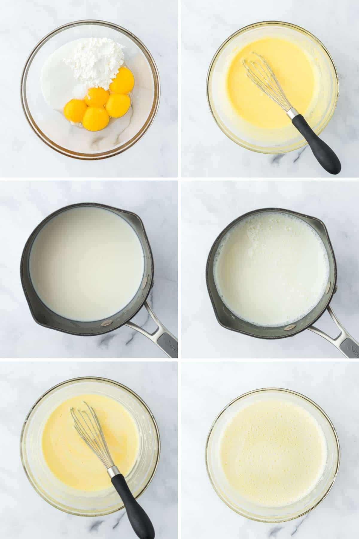 A collage showing the steps for making the custard filling.