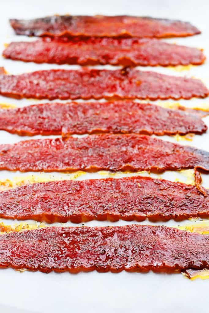 A row of brown sugar baked turkey bacon 