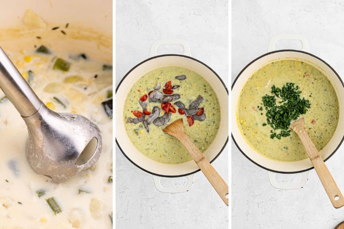 A collage showing blending the soup and then adding the shrimp and tomatoes, and finally the parsley.