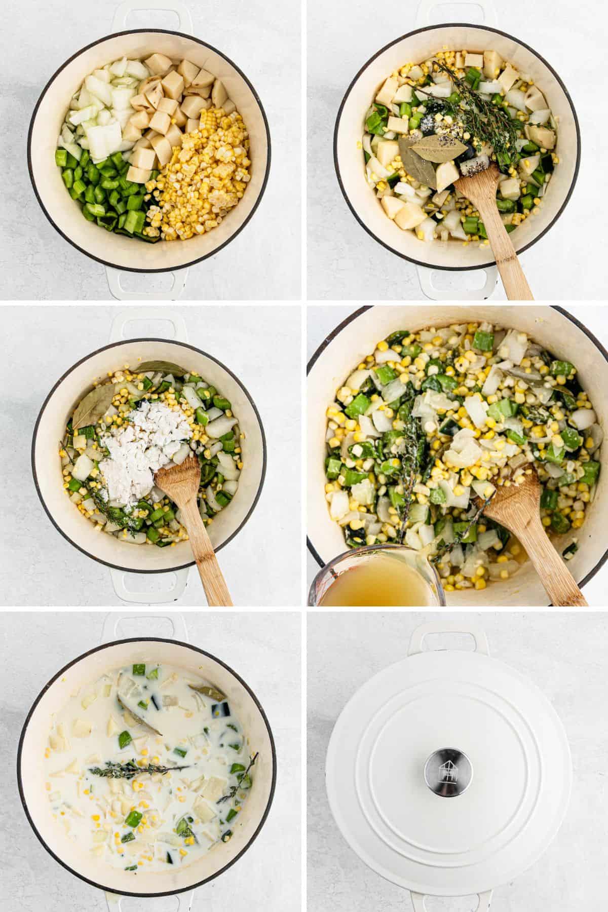 A collage of all the steps for adding the ingredients to make the soup.
