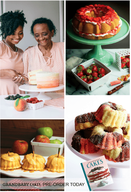 A collage of photos of Grandbaby Cakes recipes and a photo of Jocelyn Delk Adams and her grandmother in the upper left hand corner