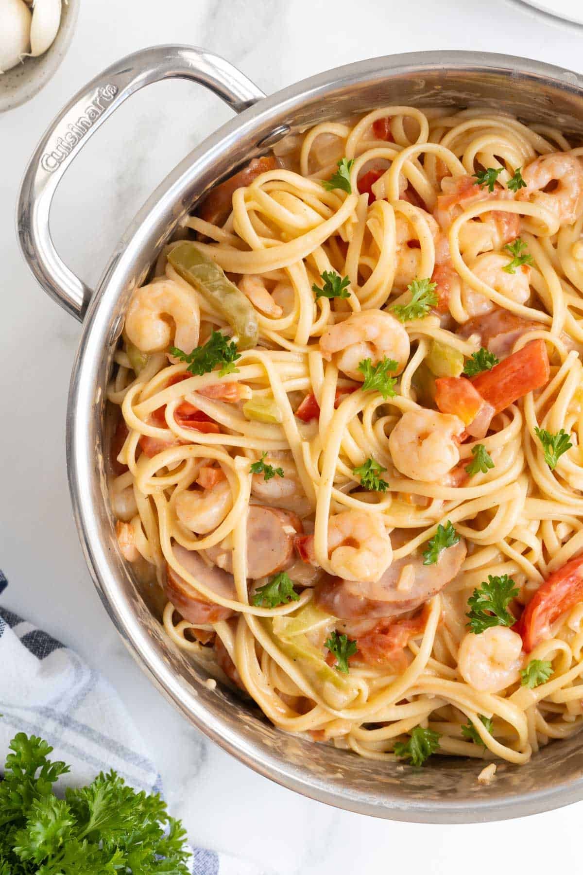Closeup of Cajun shrimp pasta in a pot 