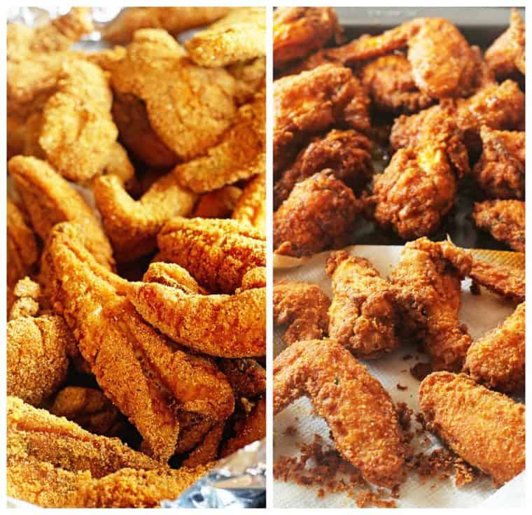 A tray full of fried fish on the left and a tray full of fried chicken on the right