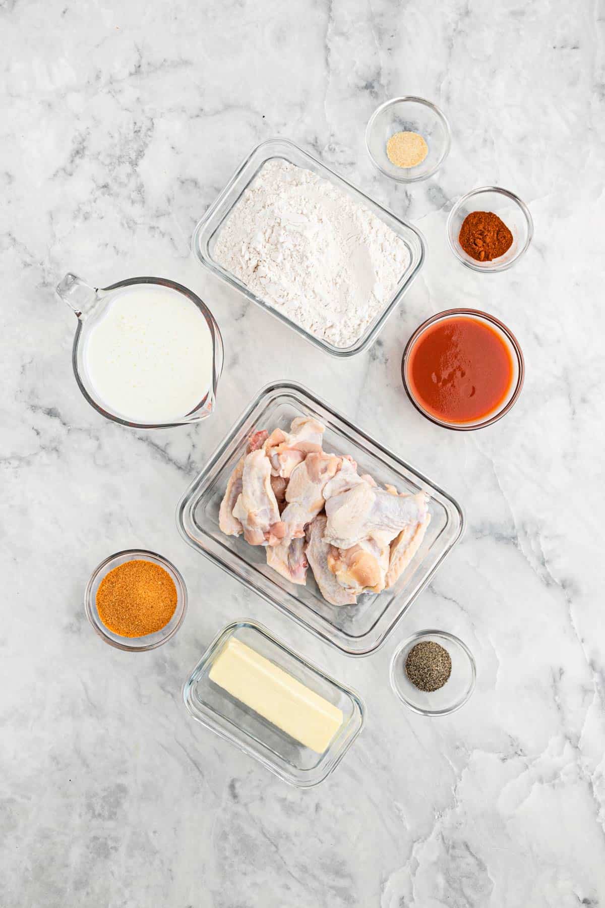 Ingredients to make the best buffalo wings on the counter.
