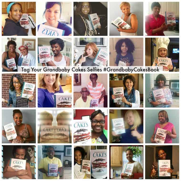 A collage of photos of people posing with the Grandbaby Cakes cookbook