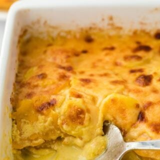 A pan of potato gratin ready to be served