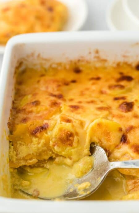 A pan of potato gratin ready to be served