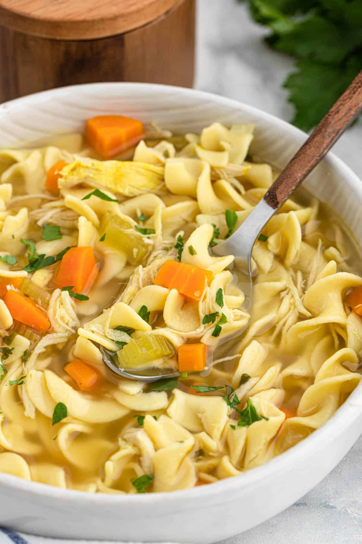 A bowl of slow cooker chicken noodle soup with a spoon dipping for a bite.