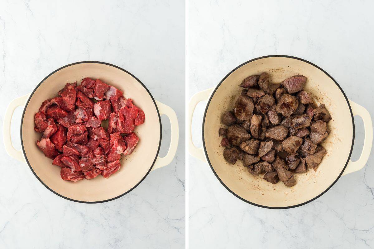 A collage of beef tenderloin pieces being seared in a large white pot on a white background