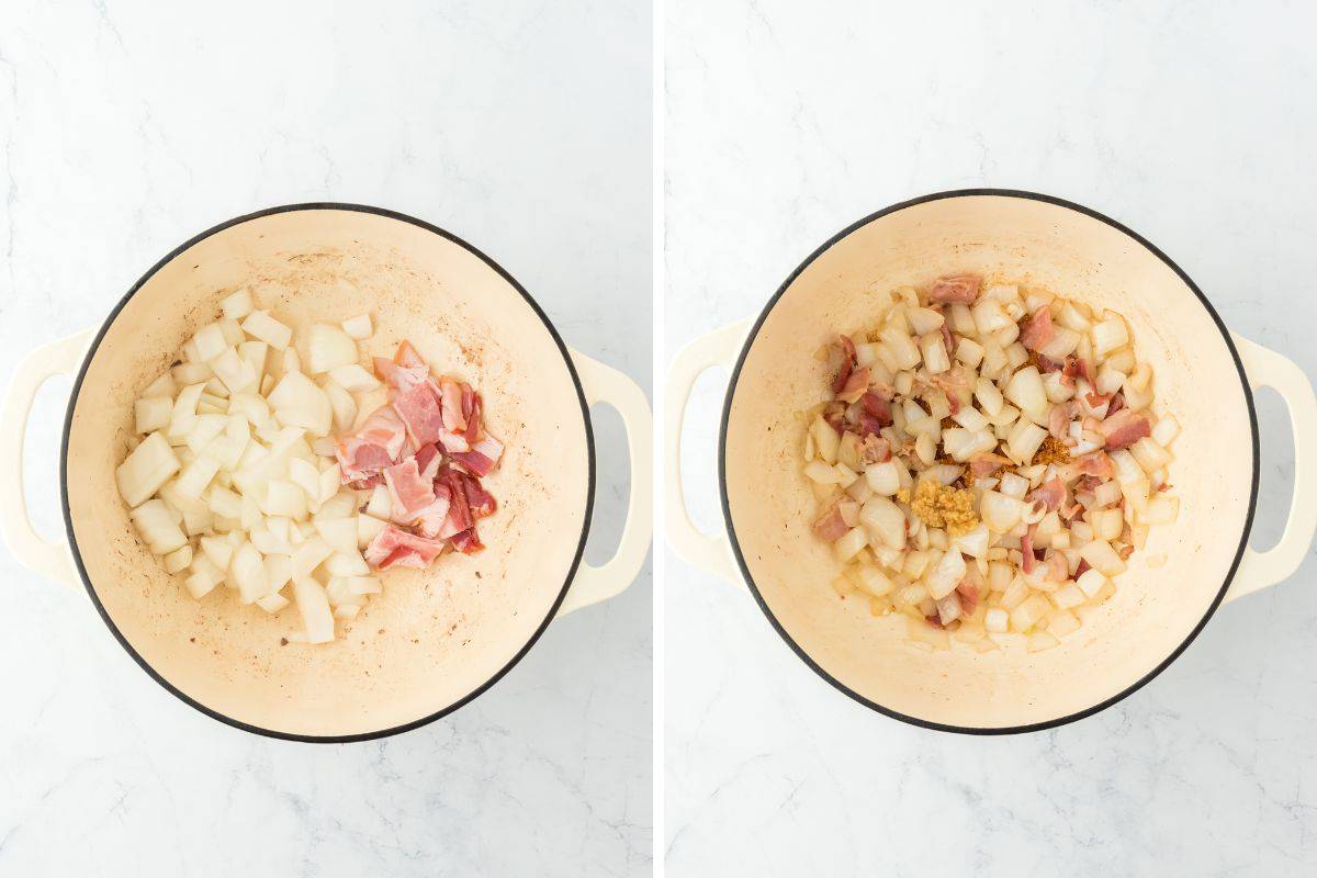 A collage of onions, bacon and garlic browning in a large pot on a white background